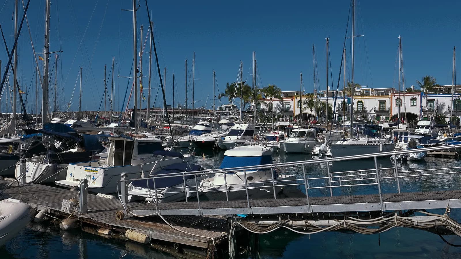 Yachts moored in the marina of Puerto de Mogán with low white houses and palm trees along the waterfront
