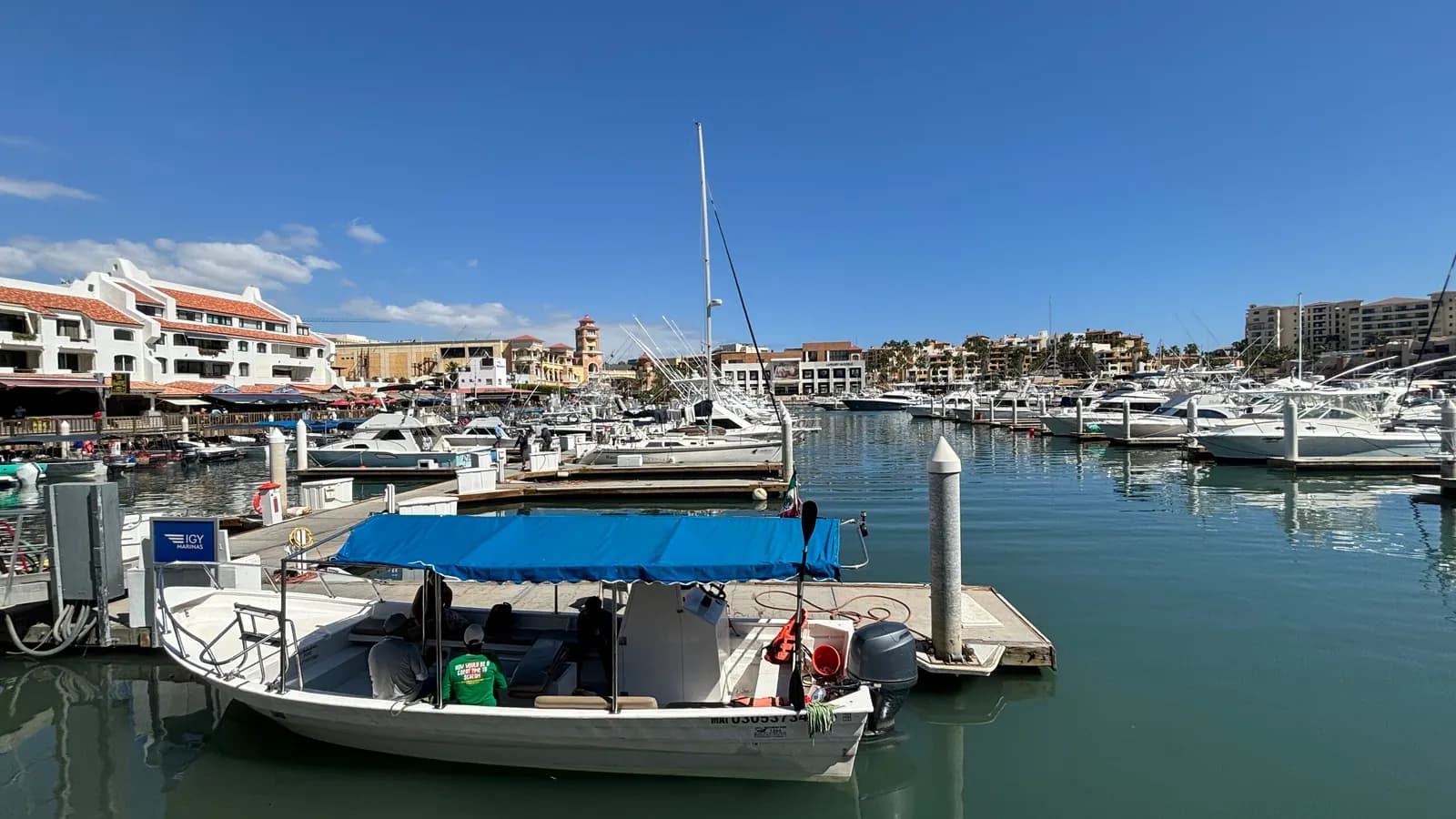 Fishing and pleasure boats moored in the Cabo San Lucas marina, with hotels and shops along the waterfront under a blue sky