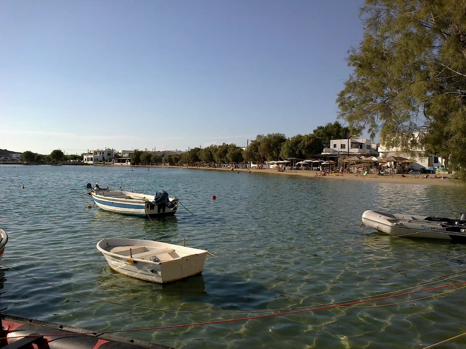 Small boats moored in the calm water of Aliki bay, with a sandy beach, umbrellas and tamarisk trees along the shore