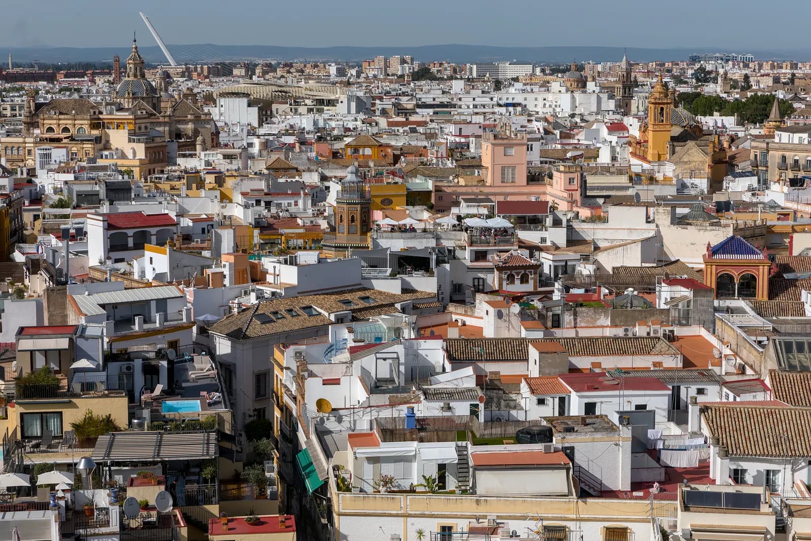 Central Seville seen from the Giralda looking north: white and ochre rooftops, church towers and domes, with the mast of the Alamillo bridge on the horizon.