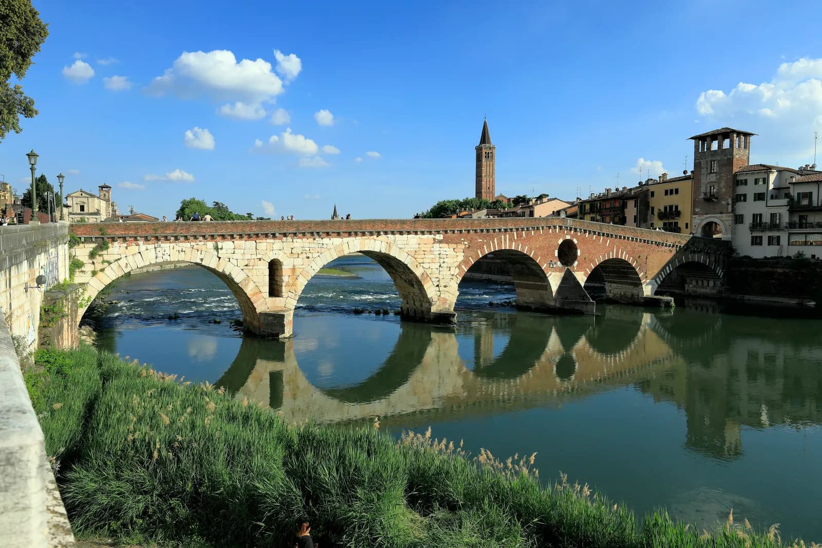 Ponte Pietra, the Roman bridge over the Adige in Verona, with its arches reflected in the river, the bell tower of Sant'Anastasia behind it and grass on the near bank.