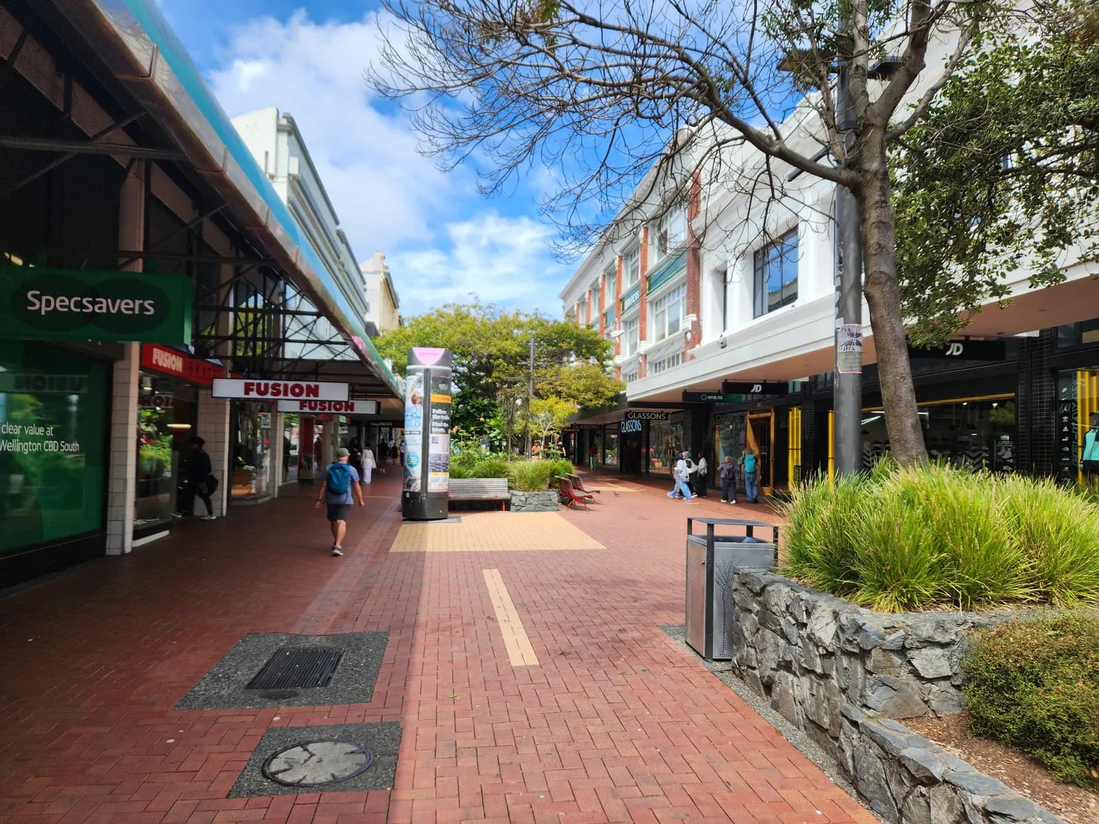 The paved pedestrian stretch of Cuba Street in Wellington, with shops, trees and planters and a few people walking