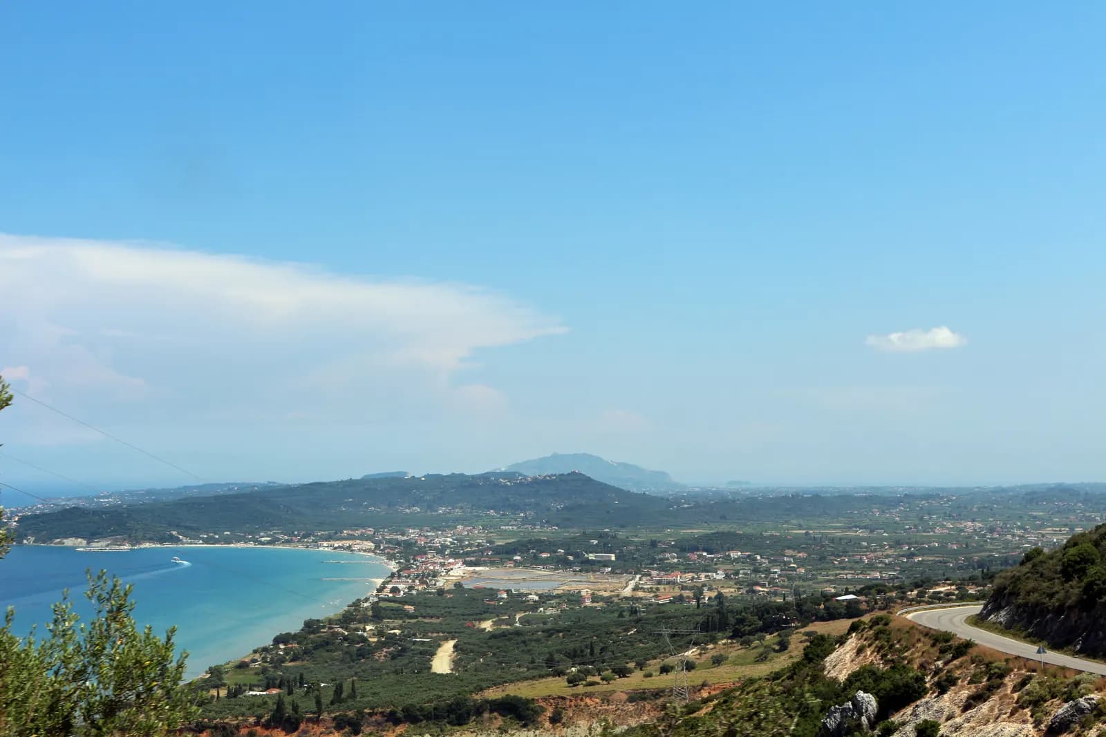View from the mountain road over the bay of Alykes and Alykanas, with the salt pans, villages and the plain of Zakynthos stretching towards the hills