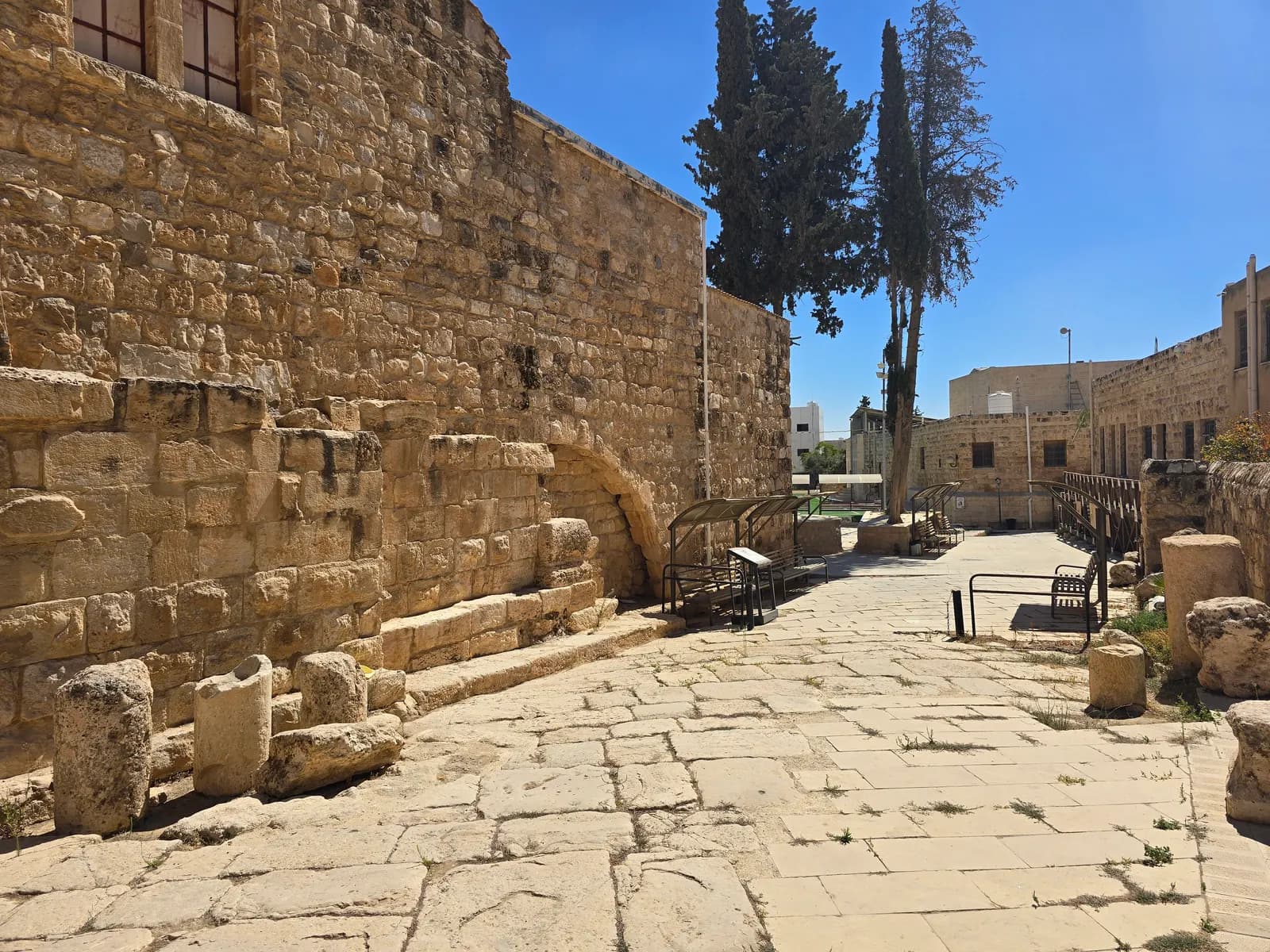 The paved Roman street in the Madaba Archaeological Park, with column drums along an old stone wall and cypress trees