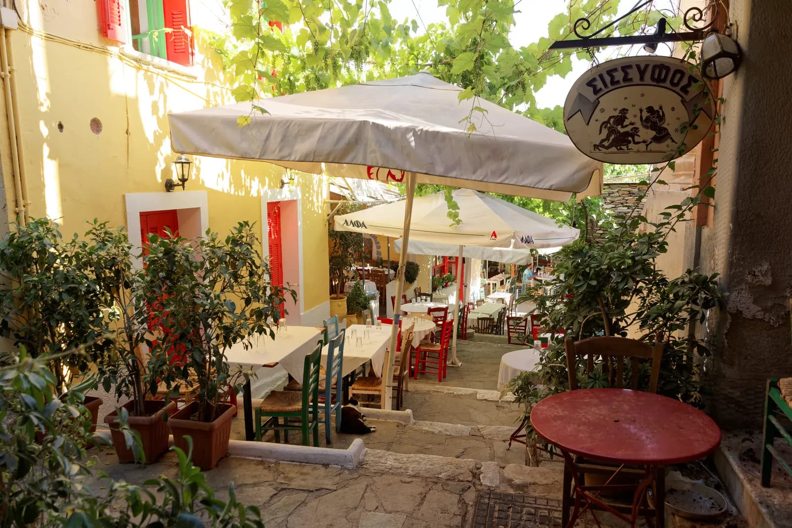 Taverna tables and parasols on the stepped Mnisikleous Street in Plaka, with potted plants and a yellow house with red shutters