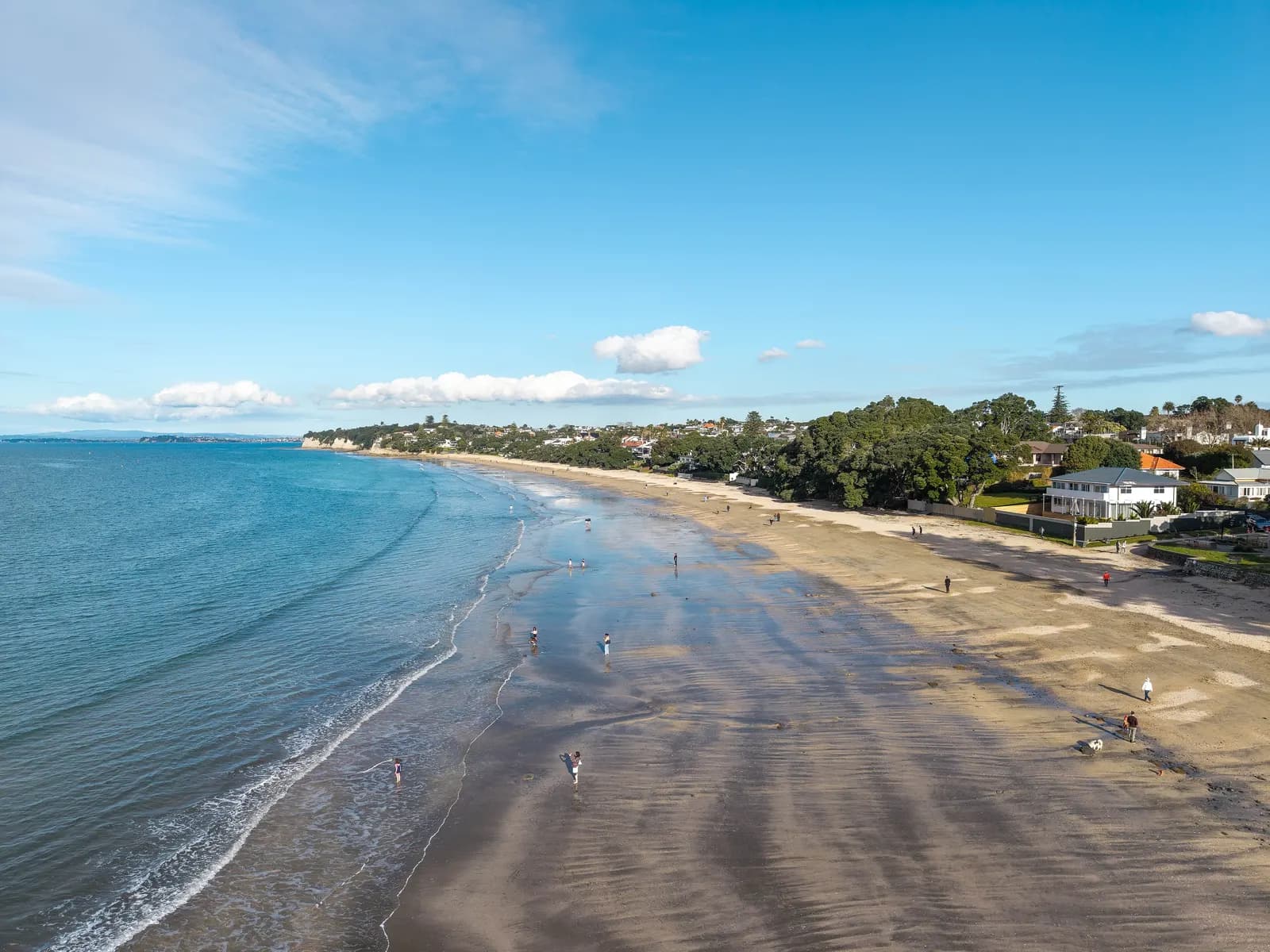 Takapuna Beach seen from the air at its northern end, with people walking on the sand and houses and trees along the shore
