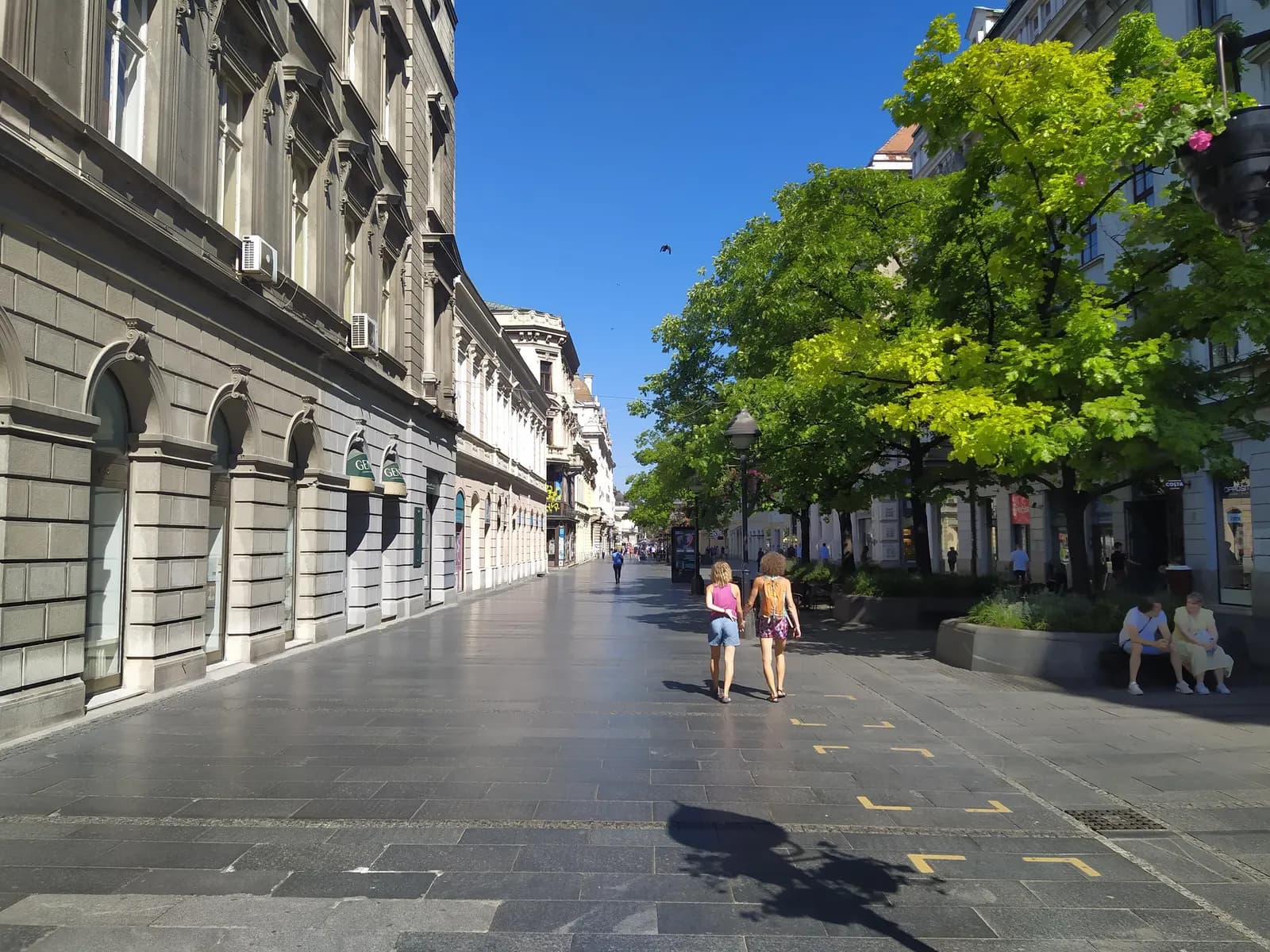 Knez Mihailova, the paved pedestrian street in central Belgrade, with stone facades on the left and trees and benches on the right