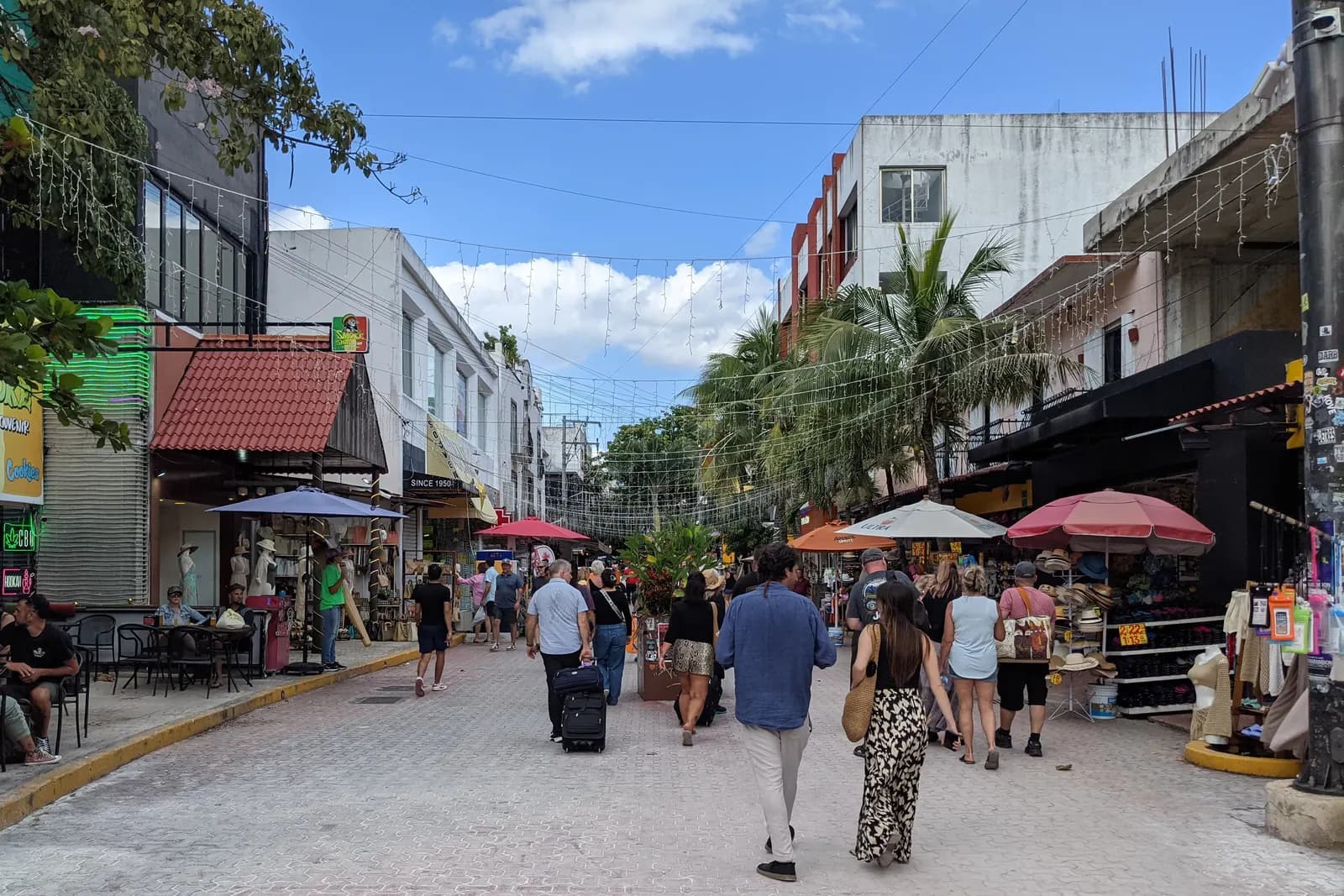 People walking along the paved Quinta Avenida in Playa del Carmen, past shops, café tables, parasols and palm trees under strings of lights