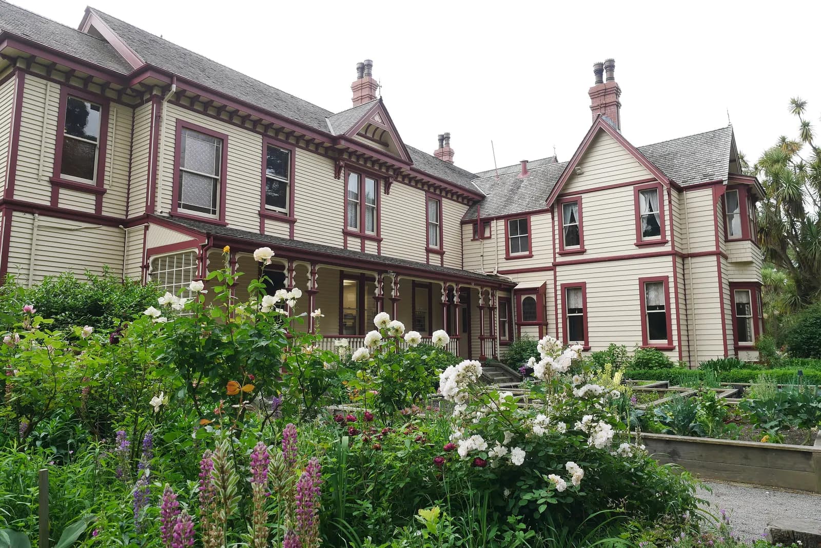 The cream and red wooden Riccarton House, a two-storey homestead, behind a garden of roses and lupins