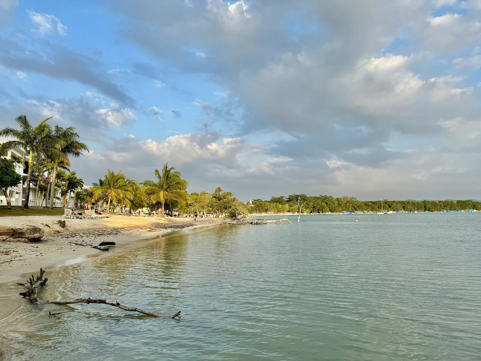 Calm water along the beach at Negril, with palm trees, loungers and white buildings on the left and the shore curving away into the distance
