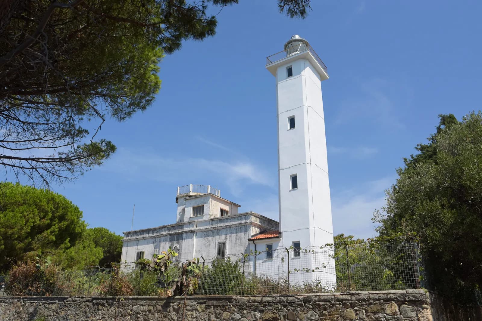 The white square lighthouse tower of Capo Suvero above Gizzeria, with its keeper's building, a stone wall and umbrella pines around it.