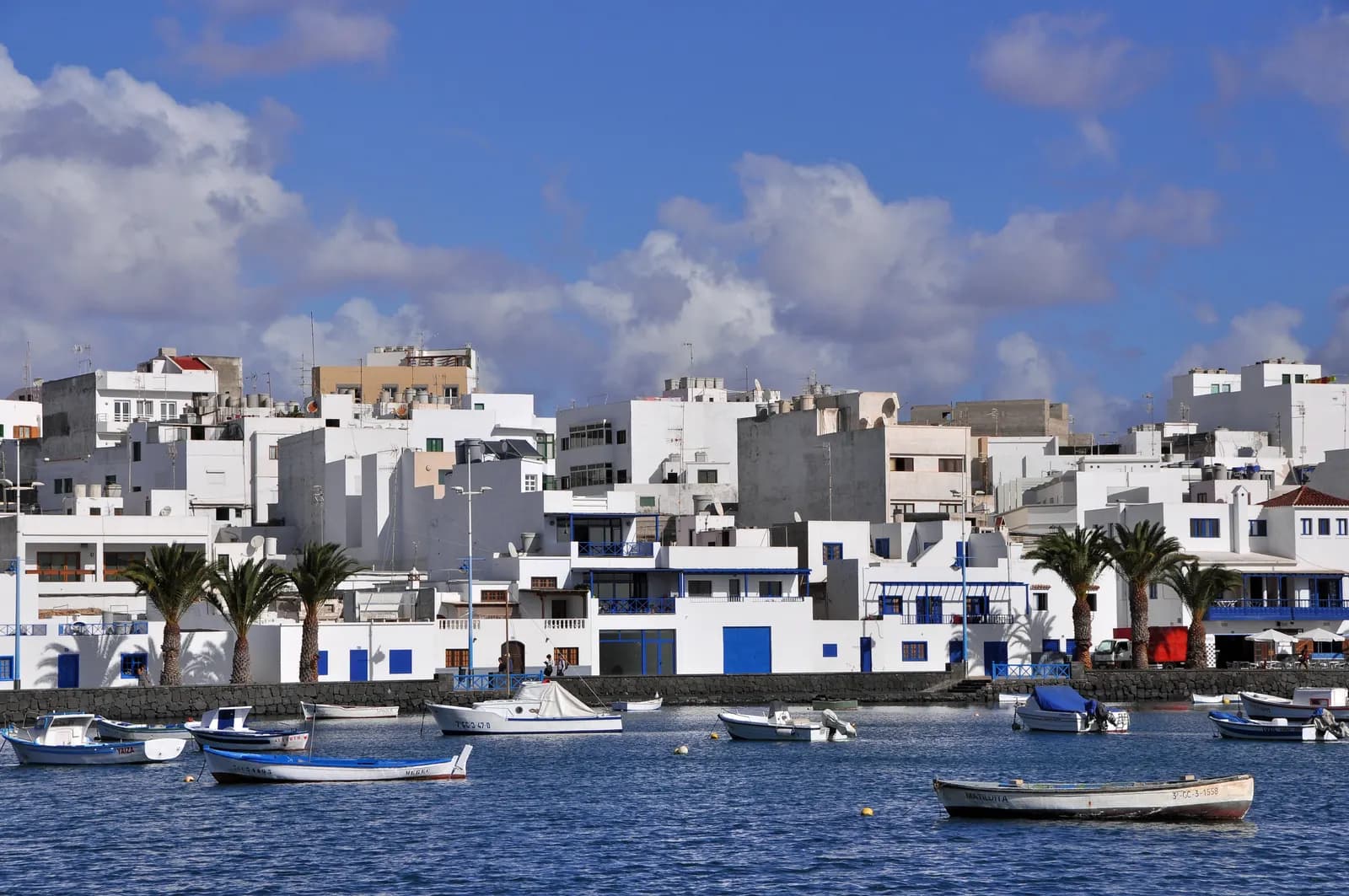 Small boats moored in the Charco de San Ginés lagoon in Arrecife, in front of white houses with blue doors and palm trees.
