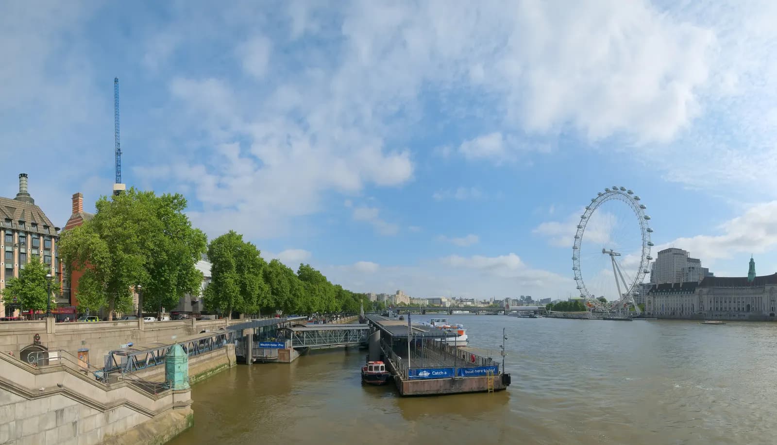 The Thames seen from Westminster Bridge, with Westminster Pier on the left and the London Eye and County Hall on the South Bank to the right