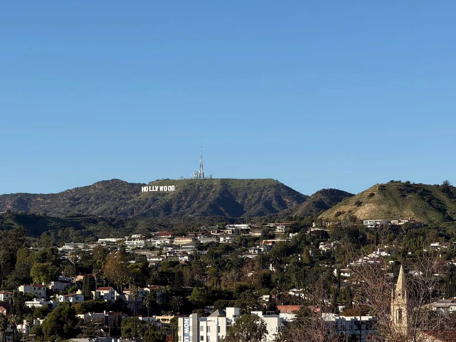 Houses on the Hollywood Hills below the Hollywood Sign and a transmitter mast on the ridge, under a clear blue sky