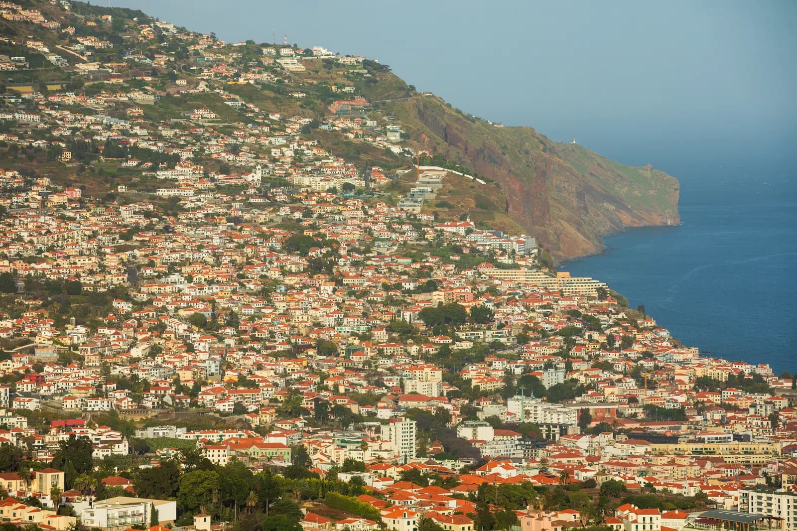 Funchal seen from Pico dos Barcelos, with houses and red roofs covering the slopes down to the Atlantic and the coastline to the east