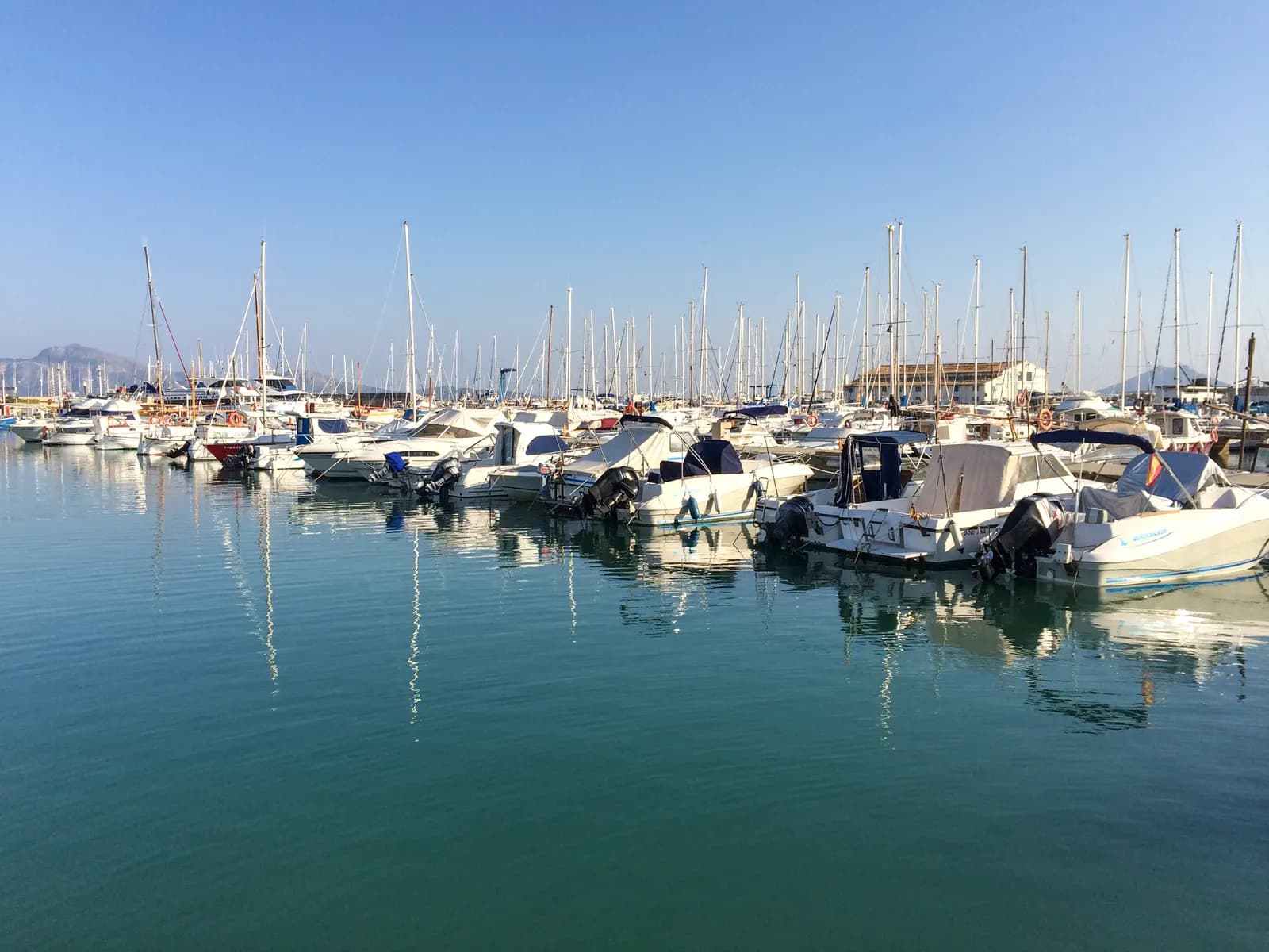 Motorboats and sailing boats moored in the marina of Port de Pollença on calm water, with mountains on the horizon.
