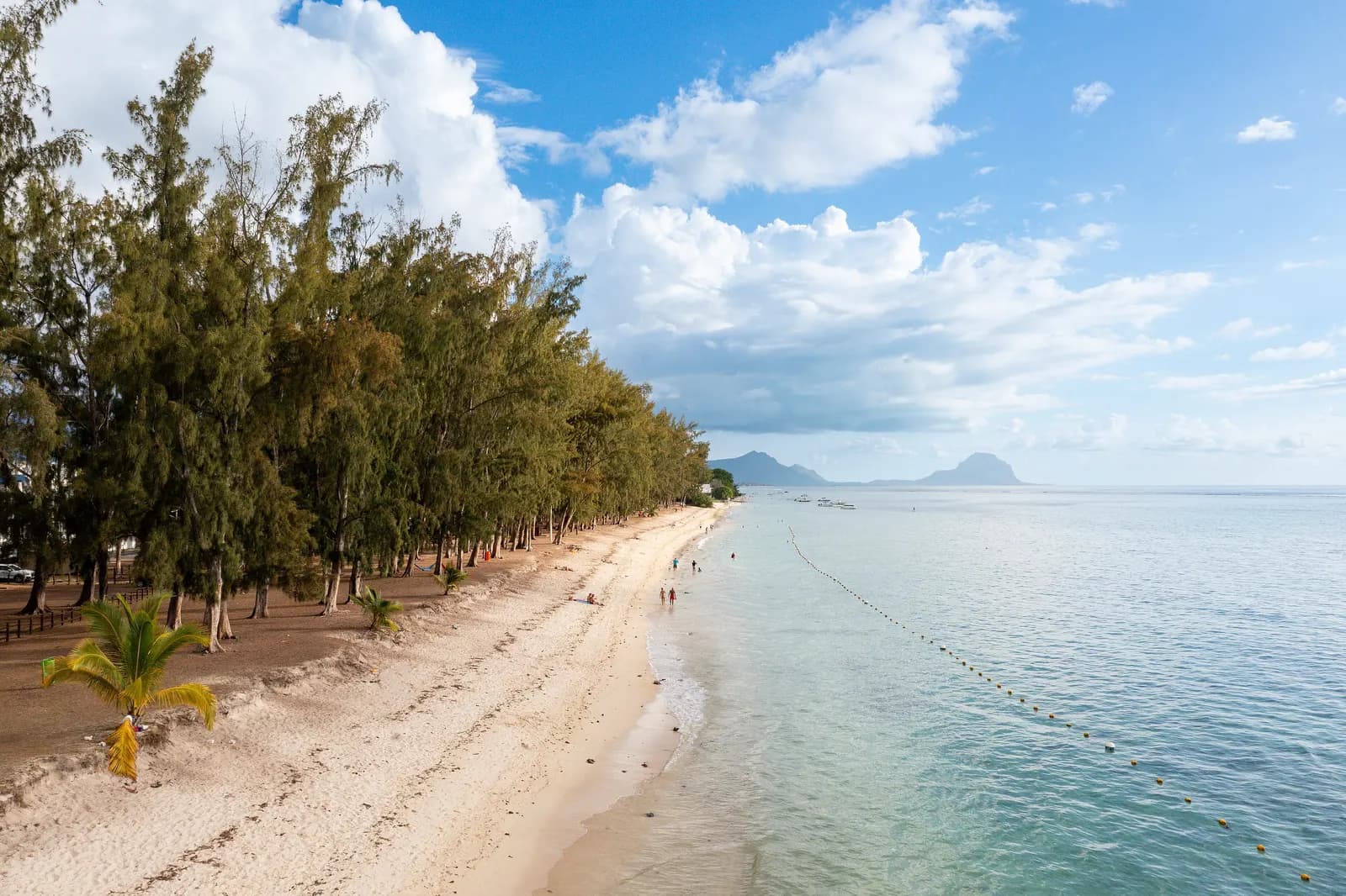 The public beach at Flic en Flac lined with casuarina trees, with a row of buoys in the calm lagoon and mountains on the horizon