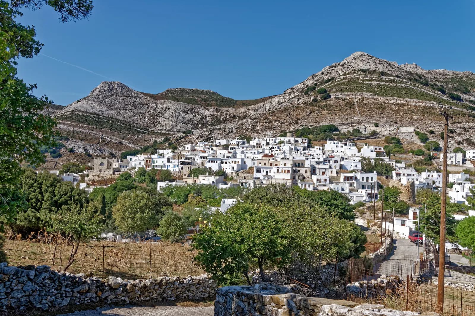 The white and stone houses of Apeiranthos spread across a slope below bare limestone mountains, with stone walls and trees in front