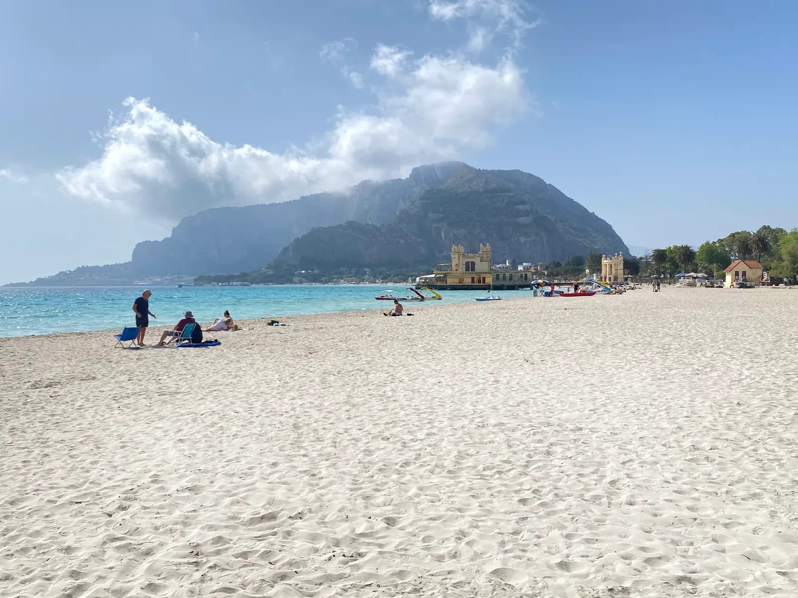 The sandy beach at Mondello with Monte Pellegrino behind and the Charleston pavilion out on the water