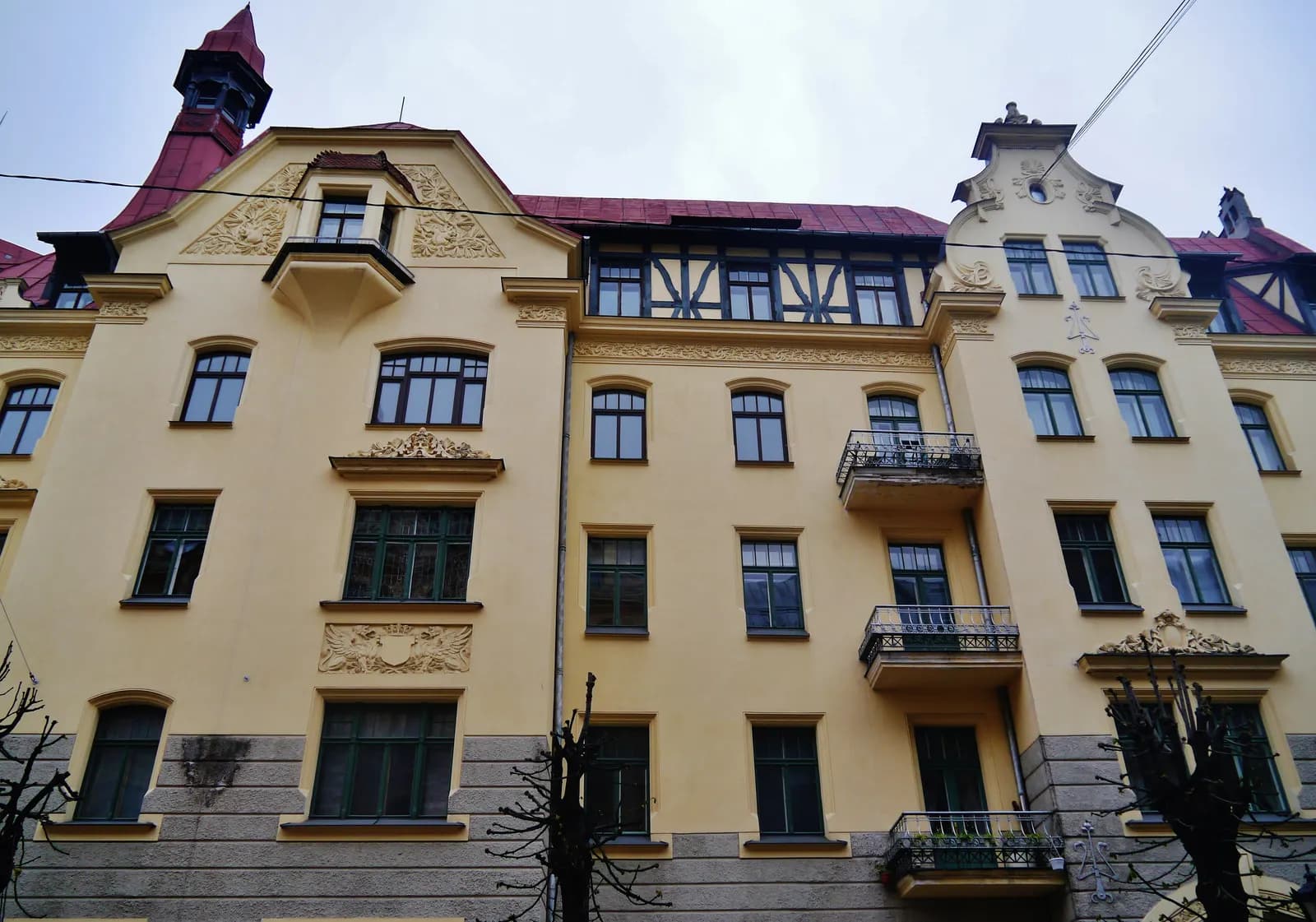 An Art Nouveau apartment building on Alberta iela in Riga, with carved ornaments, balconies and a turret