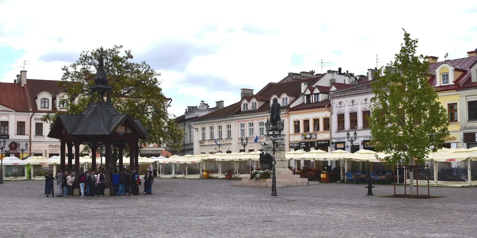 A wide view of the Rzeszów Market Square with café terraces under white umbrellas along pastel town houses