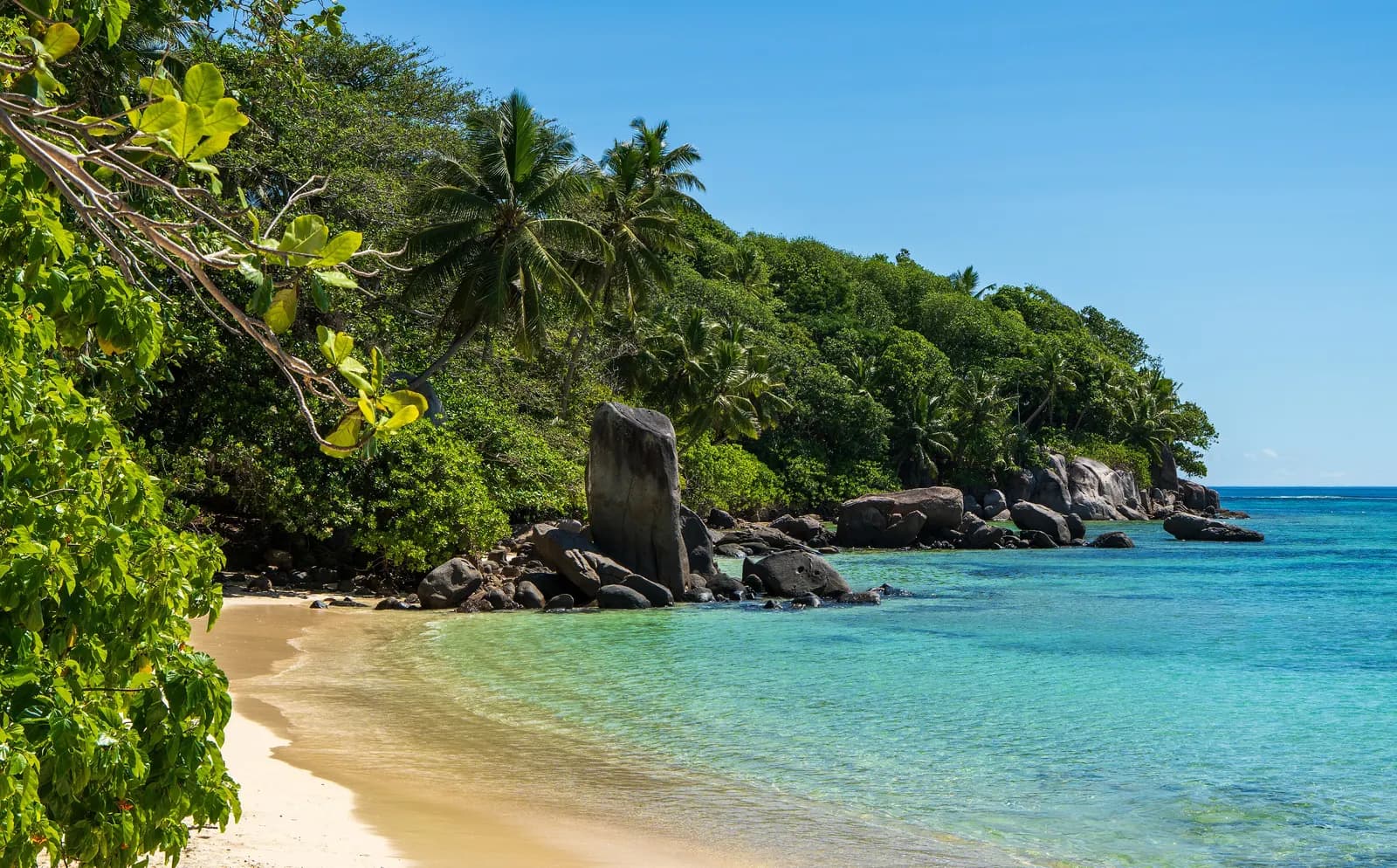 A small sandy cove at Anse Royale on the east coast of Mahé, with clear turquoise water, granite boulders and palm trees on the wooded shore
