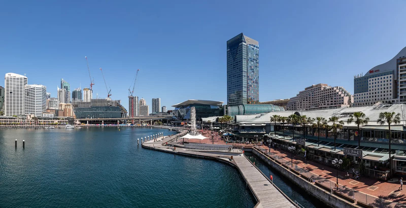 The Darling Harbour waterfront with a boardwalk, palm trees and restaurants along the western shore, a hotel tower and construction cranes under a clear blue sky