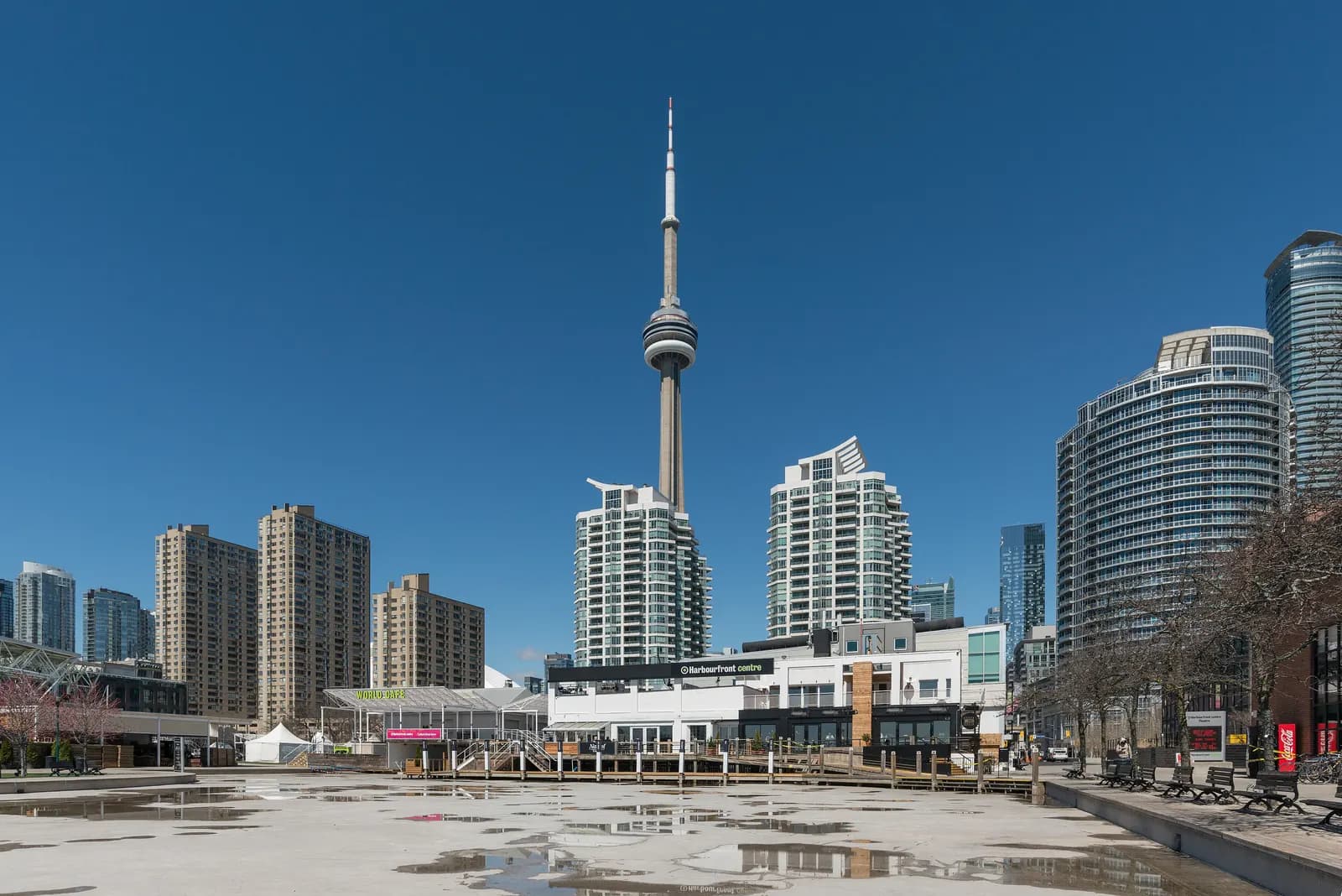 Harbourfront Centre on Queens Quay West with apartment towers around it and the CN Tower behind, under a clear sky