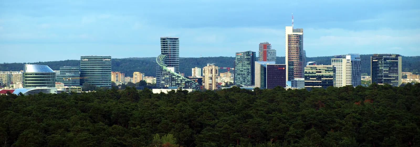 The towers of the business district in Šnipiškės, Vilnius, rising above a forest in the foreground