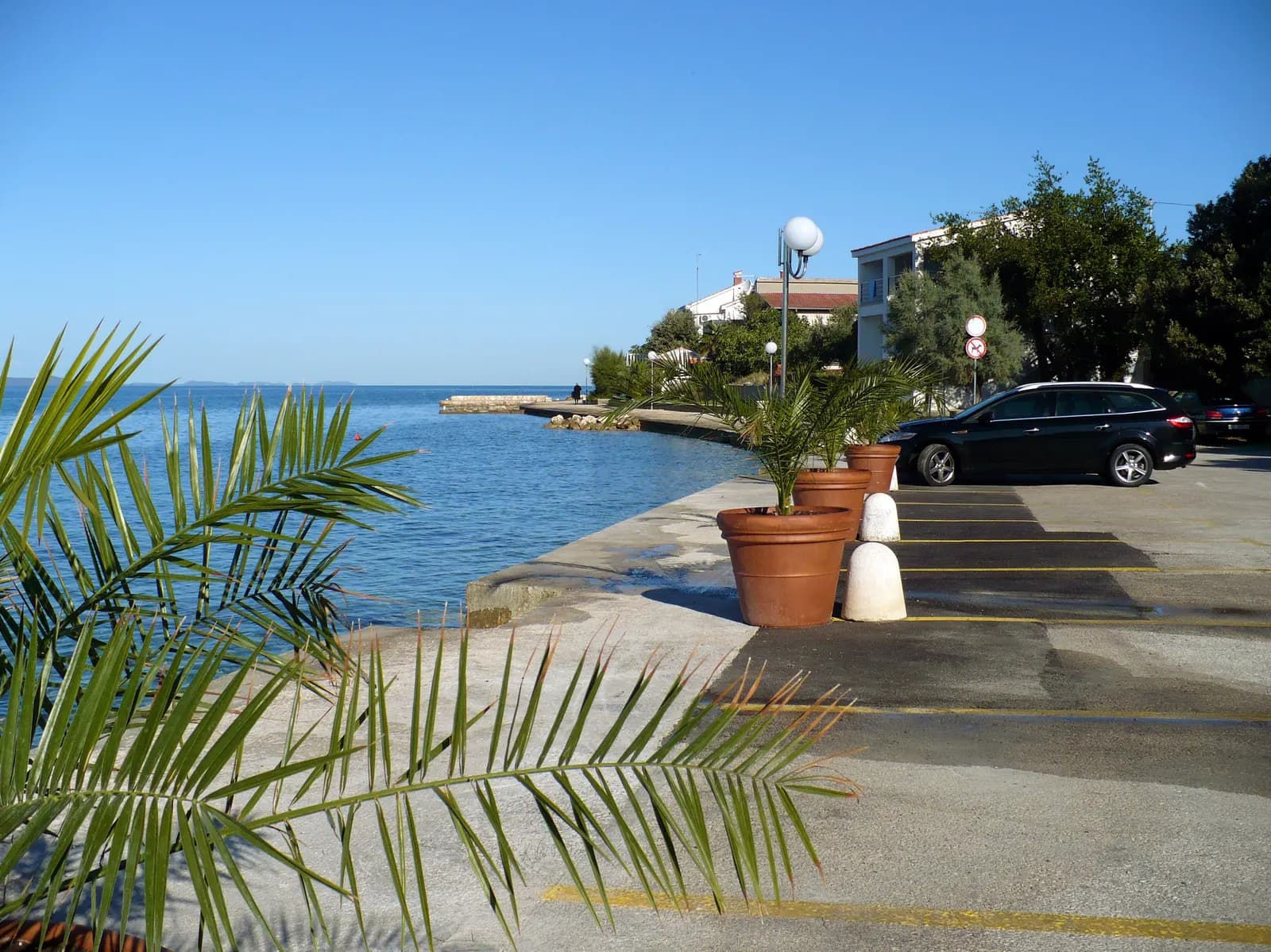 Seafront walkway and a small car park with marked bays in Diklo, Zadar, with palm fronds in the foreground